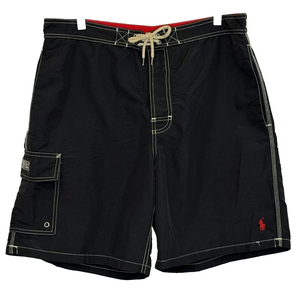 Polo Ralph‎ Lauren Swim Trunks Mens Sz Large Black Cargo Pocket Preppy READ